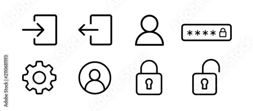 Minimalist line art icons for security and user profiles.