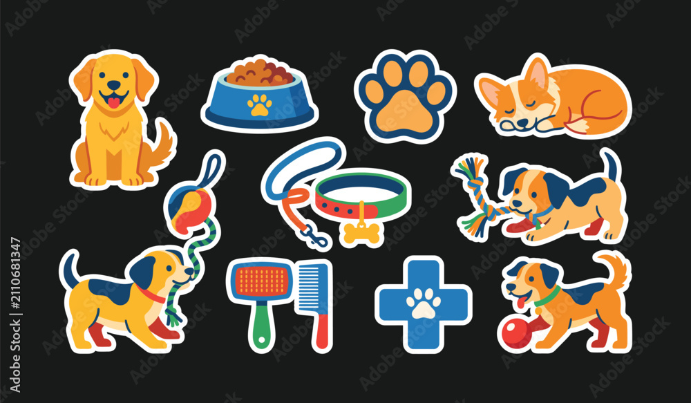 Obraz premium Collection of puppy dog pet care and training stickers on a white background and color black with training stickers grooming veterinary illustration white background and color black
