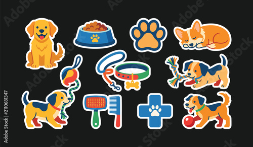Collection of puppy dog pet care and training stickers on a white background and color black with training stickers grooming veterinary illustration white background and color black