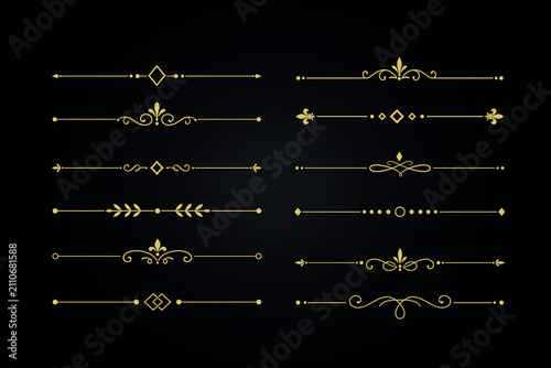 Luxury gold calligraphic text dividers set on black background for premium layout