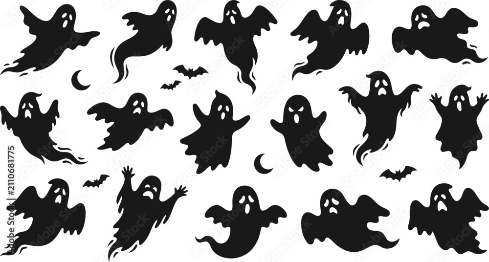 Obraz premium Spooky silhouettes collection of black ghost shapes for halloween designs