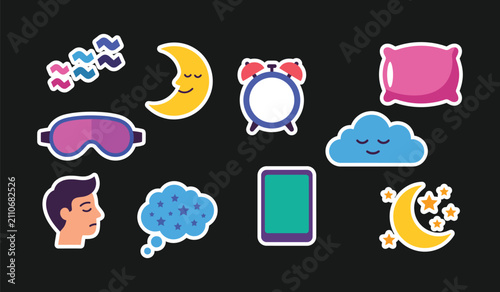Sleep and nighttime sticker set with cartoon elements color black stickers graphics collection nighttime relaxation insomnia sleeping elements journaling white background and color black