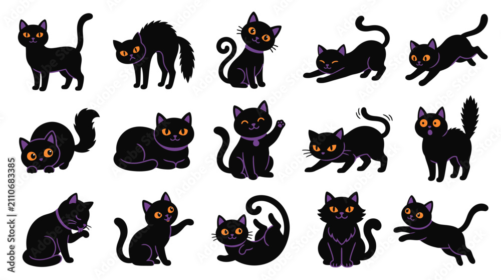 Obraz premium Black cat vector set with 15 icons, spooky Halloween kitten characters in various poses, cute feline mascot collection for festive design isolated on White Background
