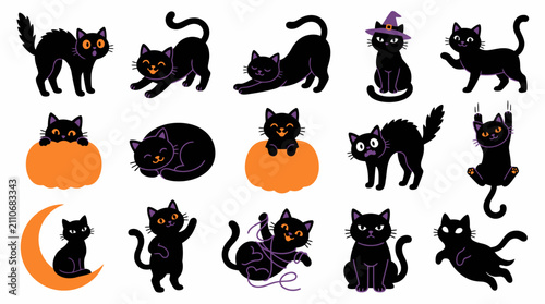 Fotografie Halloween black cat vector set, 15 spooky kitten illustrations with pumpkins and