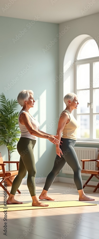 Naklejka premium Senior Women Practicing Yoga in Bright Light-Filled Room with Large Window