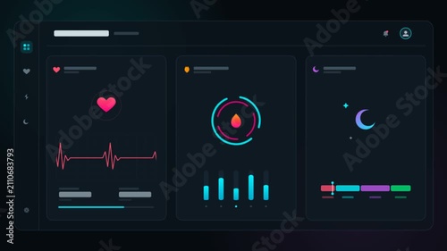 Futuristic medical dashboard interface, digital health tracking app UI with heartbeat monitor, biometric data visualization for healthcare software