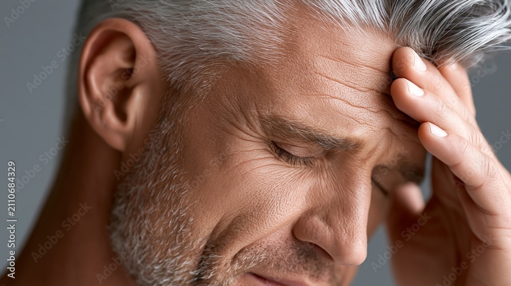 Fototapeta premium A weary man shows signs of stress and contemplation in a close-up portrait.