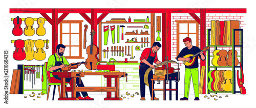 Quadro su tela Artisans crafting stringed instruments in workshop