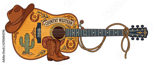 Quadro su tela Country Western Acoustic Guitar with Boots and Hat