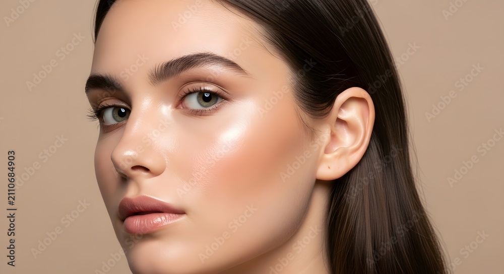 Fototapeta premium A close-up portrait of a young woman with a neutral expression, highlighting her natural features and glowing skin against a beige background.