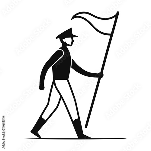 Foto Soldier wearing uniform marching forward and holding large flag pole upright isolated on grid background during military parade event