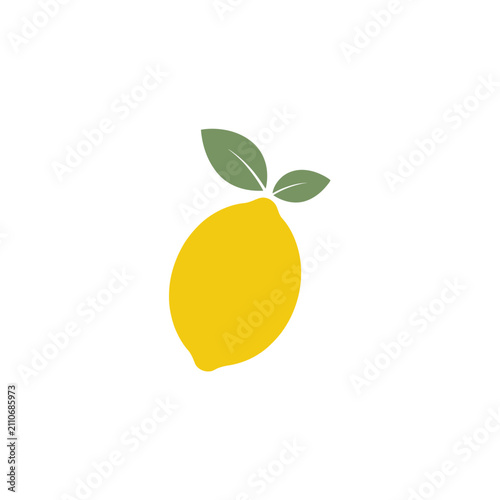 Quadro su tela A bright yellow lemon illustration with two green leaves against a plain white b