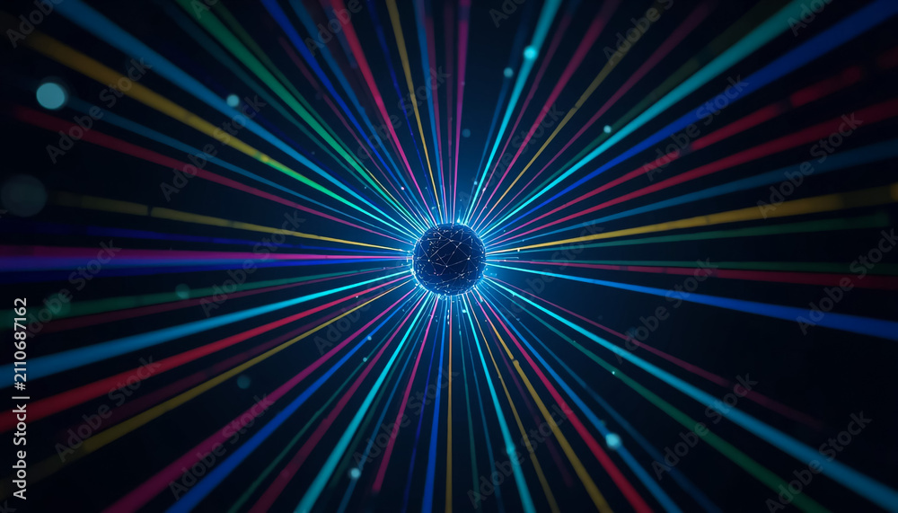 Fototapeta premium Abstract light rays exploding from center. Digital tunnel effect with colorful neon lines.
