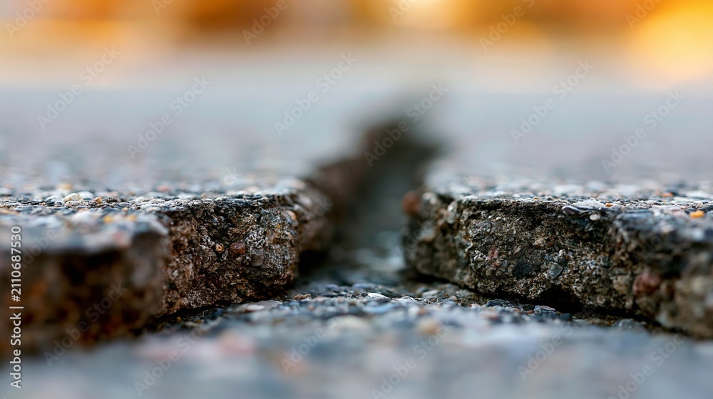 Fototapeta premium Close-up view of cracked asphalt showing weathered texture and details of erosion.