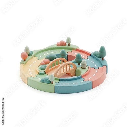 Colorful Interlocking Toy Road Set with Bridge and Trees.