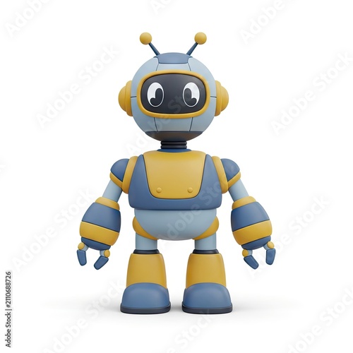 Cute 3D Robot Character Standing on White Background.
