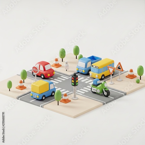 Miniature Road Intersection with Toy Vehicles and Traffic Lights.