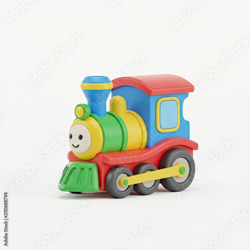 Colorful Toy Train with Friendly Face on White Background.