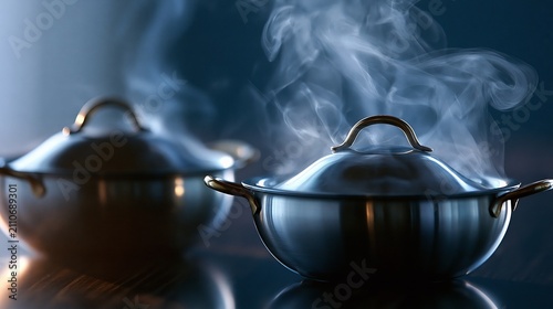 Steam rising from silver pots, creating a warm and inviting kitchen atmosphere.