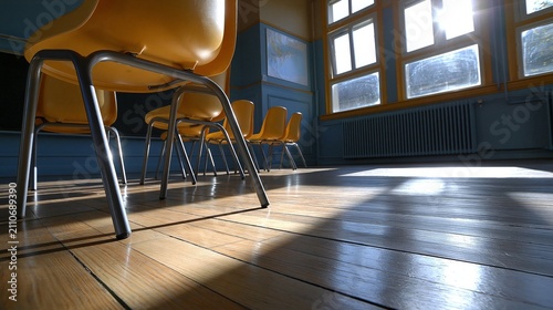 Sunlit classroom with empty yellow chairs casting long shadows on wooden floor.