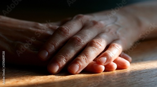 Two hands gently clasped together, symbolizing connection and support.