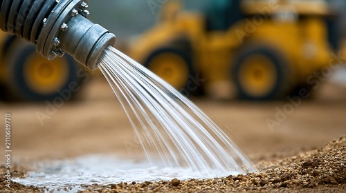 Water is discharged from a pipe onto a construction site, creating a muddy surface.
