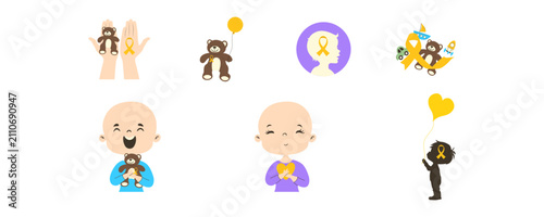 Set of Childhood Cancer Awareness Illustration with Gold Ribbon Symbol for Pediatric Cancer Awareness Campaigns, Charity Events, Healthcare Education, and Social Media Design. Vector Set