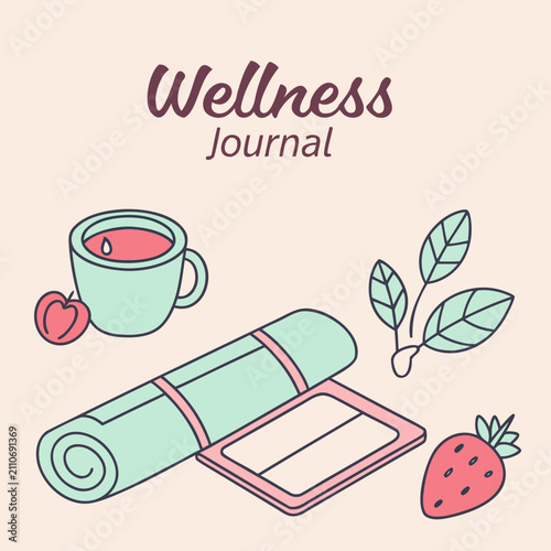 Wellness journal with tea fruit plants for a healthy lifestyle and self-care well being self reflection positive thinking mental health personal growth daily routine self improvemen