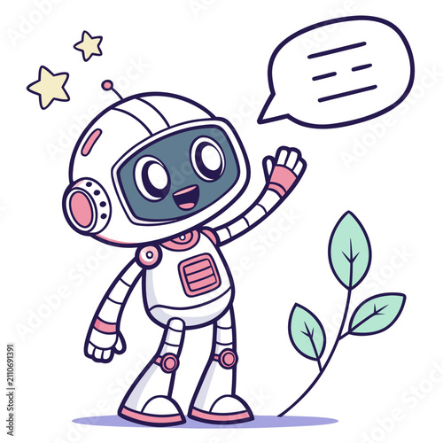 Robot with a speech bubble thinking and waving with stars around thinking character technology communication artificial intelligence robotics friendly illustration greeting innovation
