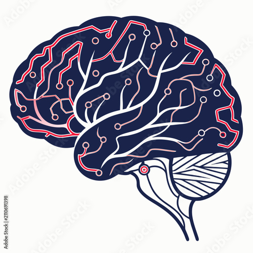 Illustration of a human brain with intricate circuit board design and red connections illustration connections technology thinking intelligence cognition learning neuroscience networks