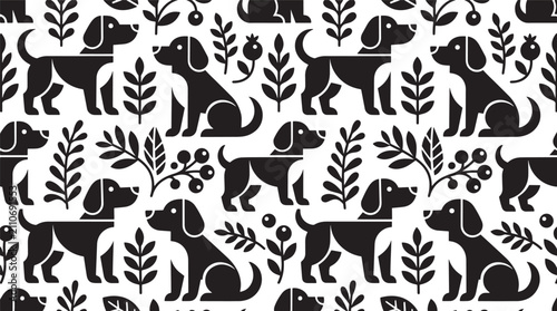 Minimalist dog seamless pattern with botanical leaves, black and white puppy silhouette background, modern pet canine vector illustration