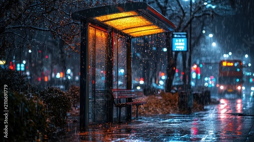 Rain-soaked Cityscape: Illuminated Bus Stop Shelter in the Night