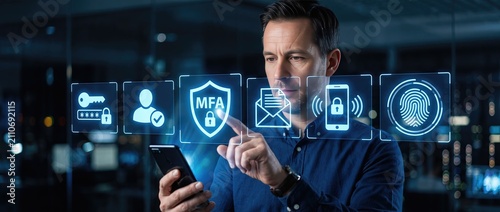Business professional using smartphone to access multi factor authentication showcasing digital security measures and modern technology in a corporate environment.