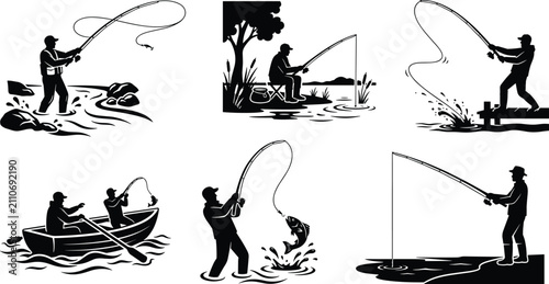 Принти на полотні Set of silhouettes of fishermen in various poses