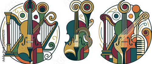 Fotografie Artistic Musical Instruments Collage in Circle Frames