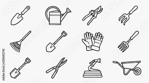 Dynamic Black and White Line Drawing Set of Classic Gardening and Hand Tools Icon Collection with high quality professional line art symbols for modern creative design and digital branding projects