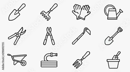 Elegant Minimalist Black and White Line Drawing Set of Classic Gardening and Hand Tools Icon Collection
