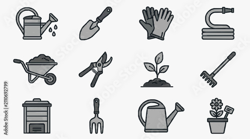 Professional Set of Monochromatic Line Drawn Gardening and Plant Care Tools and Accessories Icon Collection