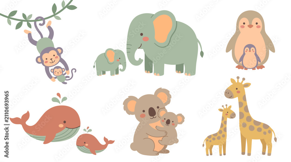 Obraz premium Cute vector illustration set of cartoon parent and baby animals with monkey, elephant, penguin, whale, koala and giraffe, symbolizing motherly care and nursery room decoration