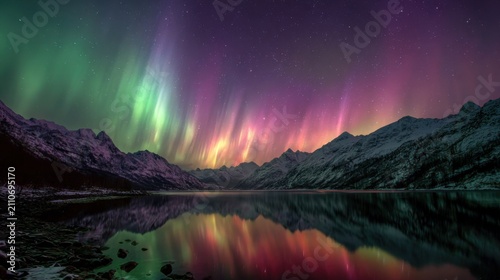 green and pink hues aurora borealis against a mountain valley zoomed in
