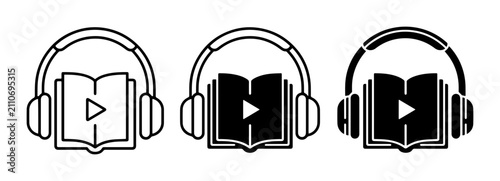 Audiobook Icons, Headphones and Play Button on Open Book, Digital Media Symbols, Black and White Vector Set