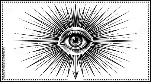 Fotografie Vintage esoteric all seeing eye of providence with sunburst rays and downward ar