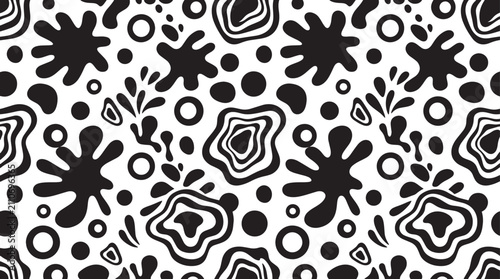 Abstract black and white seamless pattern, hand drawn organic ink splat background, monochrome fluid shapes and dots vector wallpaper