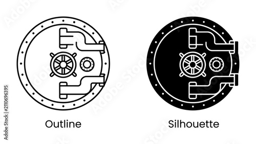 Foto Round Vault Door - Outline and Silhouette: A detailed outline and a solid silhouette of a round vault door, showcasing its intricate locking mechanism and industrial design