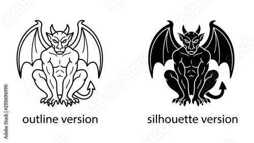 Foto Gargoyle Designs: A gothic creature with bat-like wings, horns, and a menacing expression is presented in two distinct styles: a detailed outline and a bold silhouette