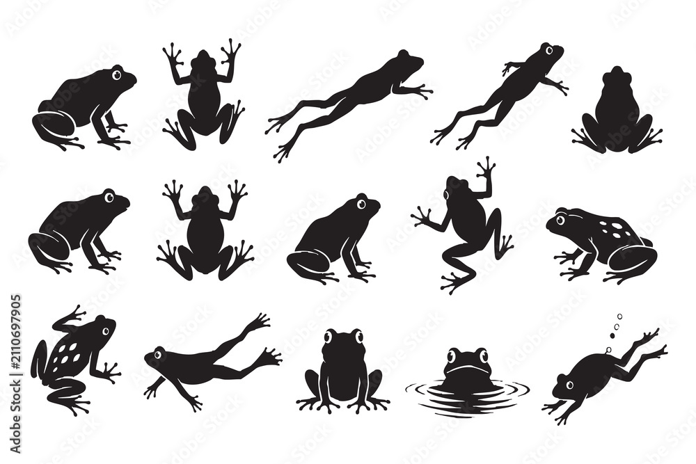 Fototapeta premium Black silhouette icons of frogs in various poses isolated on white background, Vector