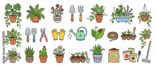 Canvas Print Drawn Garden Supplies and Potted Plants Collection