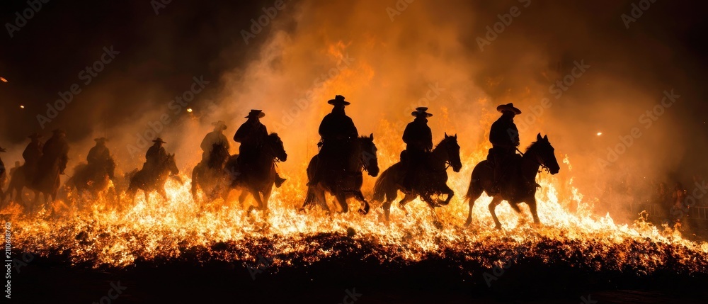 Fototapeta premium Fiery Spectacle: Silhouetted Horsemen Galloping Through Flames in Dramatic Night Scene