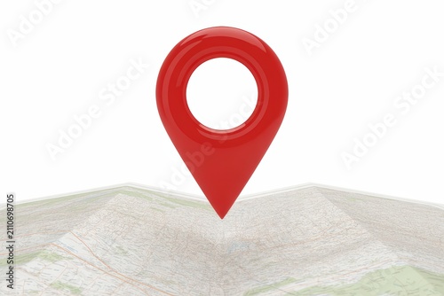 Prominent red three dimensional location pin marker standing tall over a detailed topographical map chart