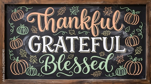 Chalkboard displays decorative autumn typography with hand-drawn pumpkins and leaves surrounding the words Thankful Grateful Blessed.